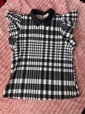 Misia Woman’s Black & White Plaid Ruffle Sleeve Top with Peter Pan Collar